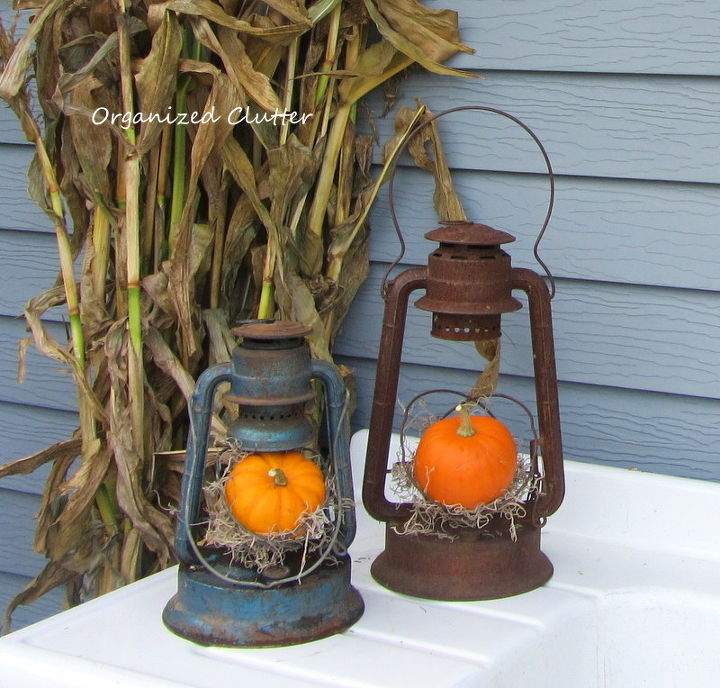 a rustic vintage fall potting sink, gardening, outdoor living, repurposing upcycling, seasonal holiday decor, Here I m using old lanterns that have no glass as mini pumpkin displays