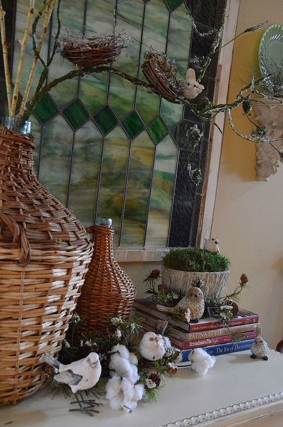 birds in the foyer, home decor, Demijohns filled with faux birch branches and moss covered branches with bird nests