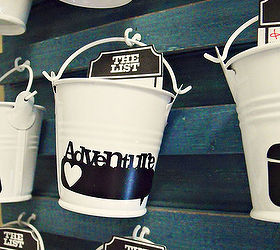 ugly goodwill sign to family bucket list, home decor, painting, Closeup of one of the buckets