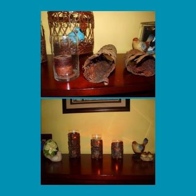 my son stripped some bark from a fallen tree so i wrapped some glass candle, home decor, repurposing upcycling
