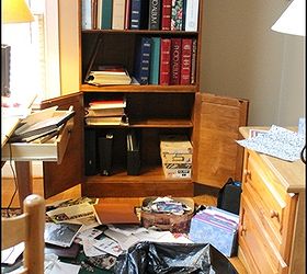 home office organization redo, craft rooms, home decor, home office, organizing, The before with the trash bag sorting operation just starting Old photo albums junk etc Look closely at the photo album boxes in the lower cabinet and on the floor Spray painted and lookin good and back in use