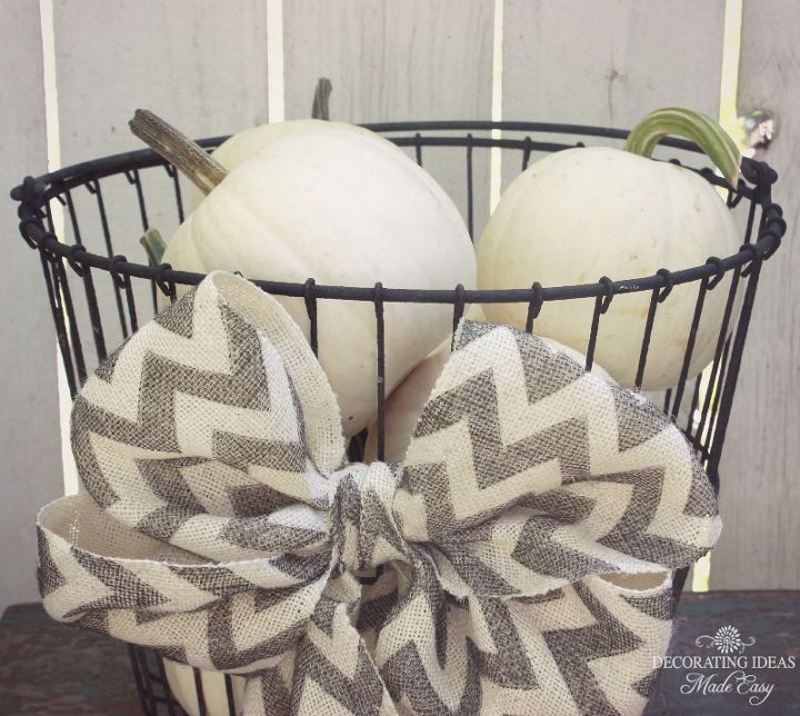 oyster basket white pumpkins and a chevron burlap bow, seasonal holiday decor