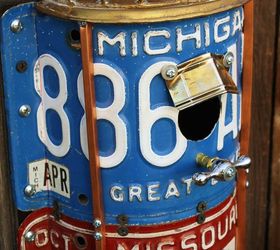 license plate repurposed metal birdhouses by gadgetsponge com, crafts, repurposing upcycling, Two Story Double Duplex Blue Red License Plate Repurposed Upcycled Metal Birdhouse