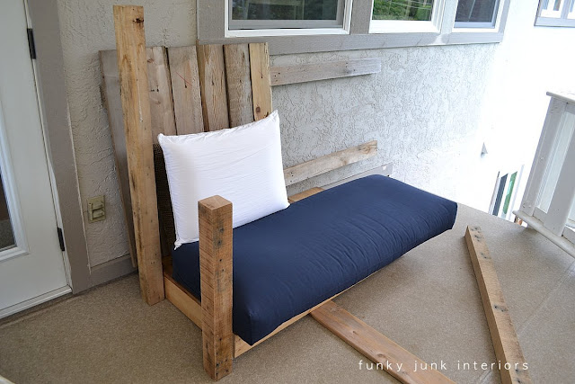 make an outdoor pallet sofa that s comfy and cute, home decor, outdoor furniture, outdoor living, painted furniture, pallet, patio, It all started with landing a cushion from a thrift store for a whoppin 10 The framework was then built around the cushion s size A dry fit was created to grasp a style