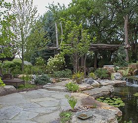 backyard oasis with pond and waterfalls, gardening, outdoor living, ponds water features, A rustic pergola created with trees and branches adds to the natural feel of this revamped landscape