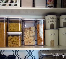 stenciled and organized pantry, closet, painting, Most food is organized into clear canisters