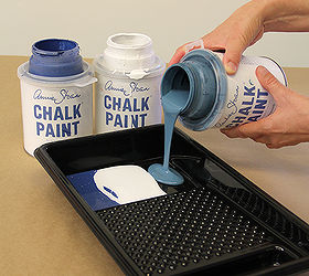 easy wall stencil how to use chalk paint to create a fabric effect, chalk paint, crafts, painted furniture, Pour 3 colors of Chalk Paint into a paint tray keeping colors separate