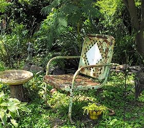 vintage metal and bouncy motel chairs in the garden, gardening, outdoor furniture, outdoor living, painted furniture, Kay Bassett s deliciously rusty motel chair full of memories
