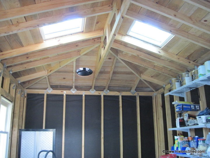 hipped roof shed, garages, outdoor living, roofing, The shed has two skylights and a solar powered exhaust fan