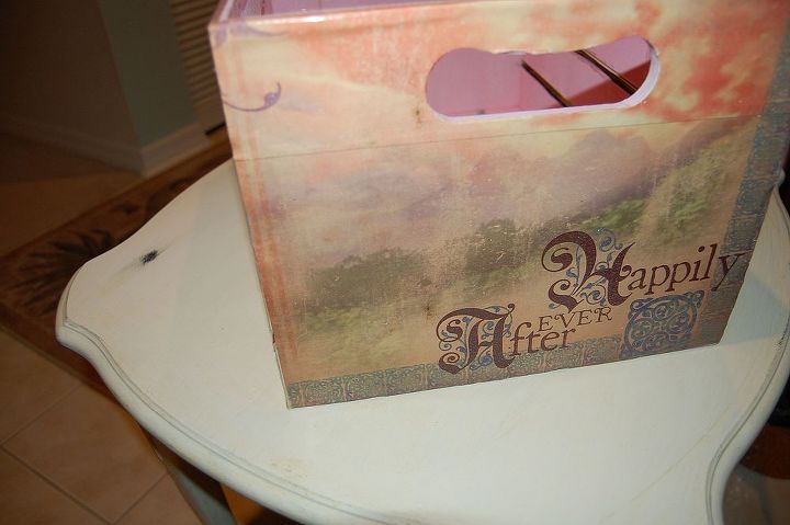 decoupaged jewelry box side table amp a crate from joann s fabrics, crafts, decoupage, AFTER pic Crate turned into a Fairytale book box for my daughter Spray painted inside pink and decoupage a Fairytale theme on the outside