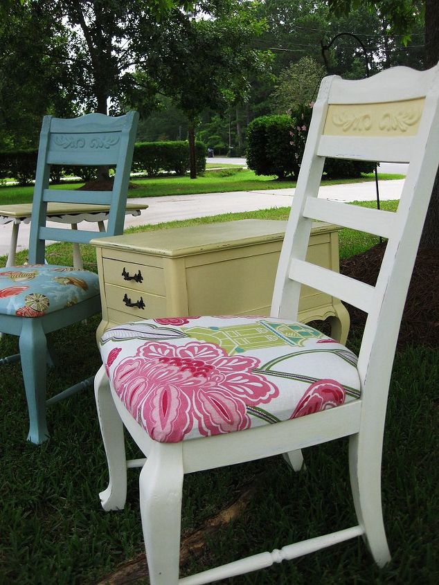repurposing thrift finds chairs amp tables, chalk paint, painted furniture, reupholster, The vintage yellow end table was originally cherry Finish had worn down to a matte unvarnished state making it the perfect piece to paint Paint was a mixture of Annie Sloan Old White and a Valspar Yellow Sample Pot