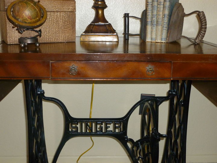 two antique pieces repurposed into one, painted furniture, incorporated with a Antique Sewing machine base which had no top or sewing machine