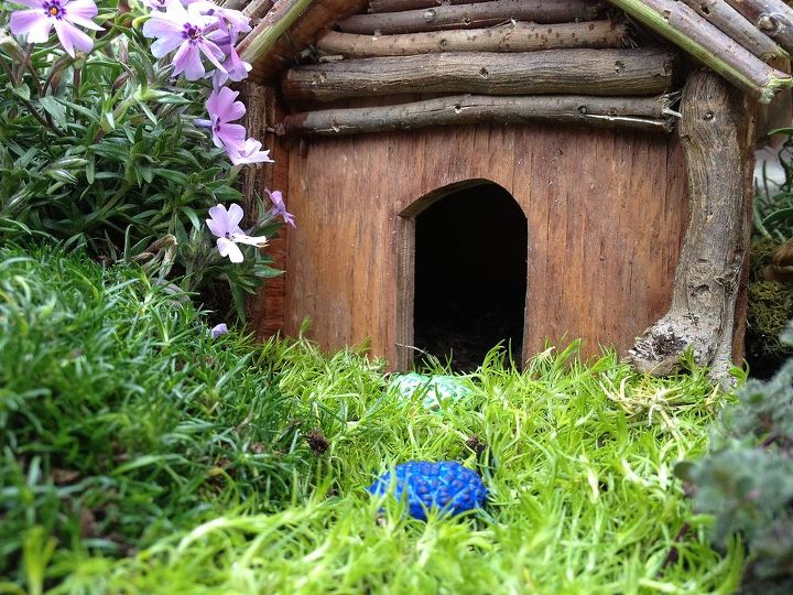 diy container fairy garden, container gardening, gardening, Nice and cozy for fairy visits Made with left over wood from other projects plus acorn tops for the roof