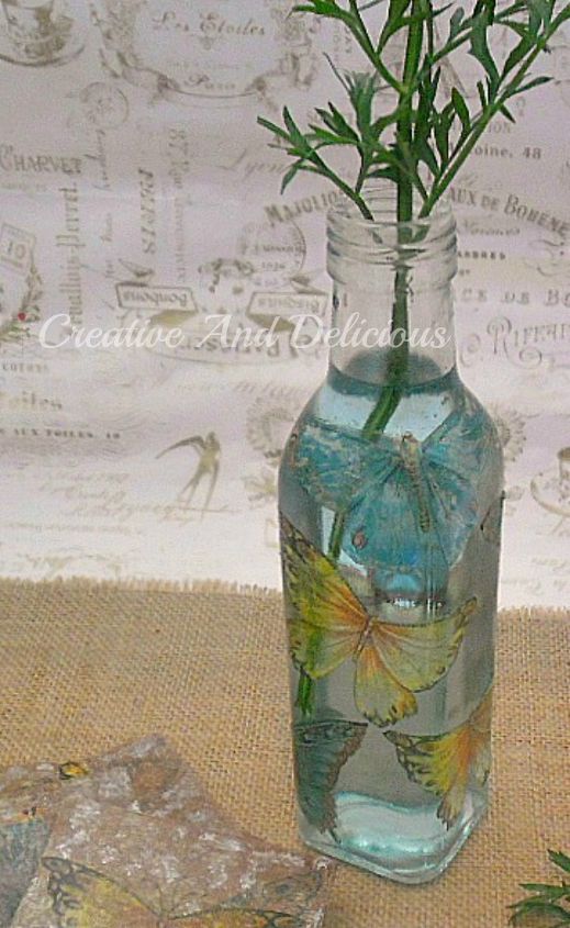 butterfly vase, crafts, repurposing upcycling, A finished decoupaged vase made out of a re cycled vinegar bottle and some paper serviettes