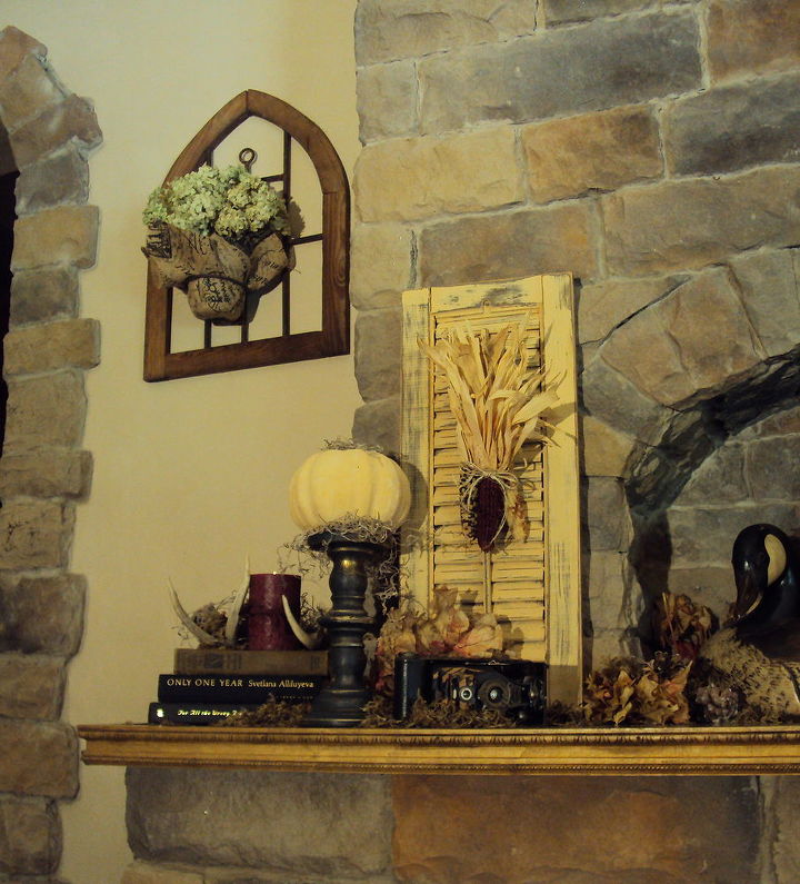 my fall mantel, fireplaces mantels, seasonal holiday decor, Some Thrifted items some old favorites