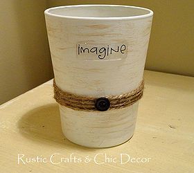 recycle an old drinking glass into a fun pencil holder, crafts, repurposing upcycling, Finally I wrapped twine around the middle and added a vintage button and an epoxy sticker