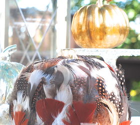 fun fall decor feathered pumpkin, crafts, seasonal holiday decor, thanksgiving decorations, Feathered pumpkins 80 ridiculous but 20 kinda awesome right