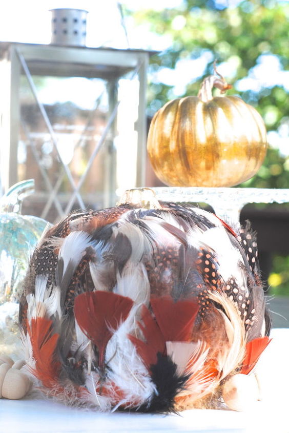 fun fall decor feathered pumpkin, crafts, seasonal holiday decor, thanksgiving decorations, Feathered pumpkins 80 ridiculous but 20 kinda awesome right
