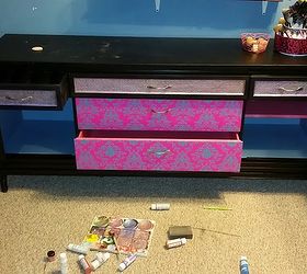 diy old buffet table turned makeup vanity, painted furniture, ran out of pink paint so used leftover wall paint inside the cabinets