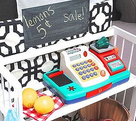 simple bookcase turned kids grocery store amp toy storage, diy, painted furniture, storage ideas, A chalkboard sign allows announcements of sales and reminders