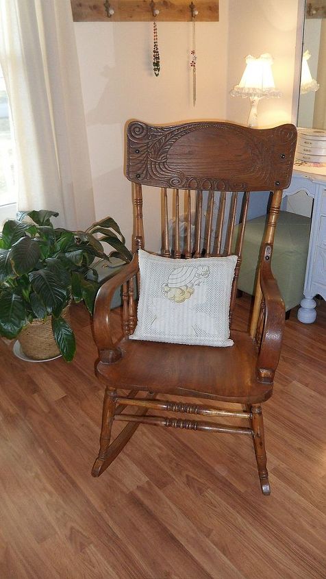 my new old stuff guest bedroom, bedroom ideas, home decor, repurposing upcycling, rocking chair bought when my first granddaughter was born and pillow from the fifties that reminds me of my mother