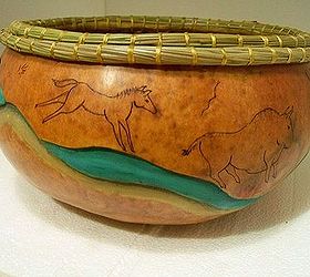 http gourd creations com, crafts, cave art carved with wood burning and pine needle coiled rim