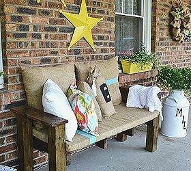 diy palett furniture summer porch, diy, outdoor furniture, outdoor living, painted furniture, pallet, porches, repurposing upcycling, DIY pallet bench with burlap cushions and DIY pillows