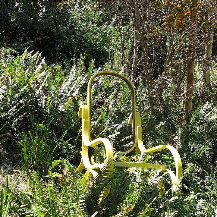 spring time in an australian bush garden, flowers, gardening, Bentwood rocker too far gone for makeover so sprayed it yellow it now sits amongst the fishbone ferns