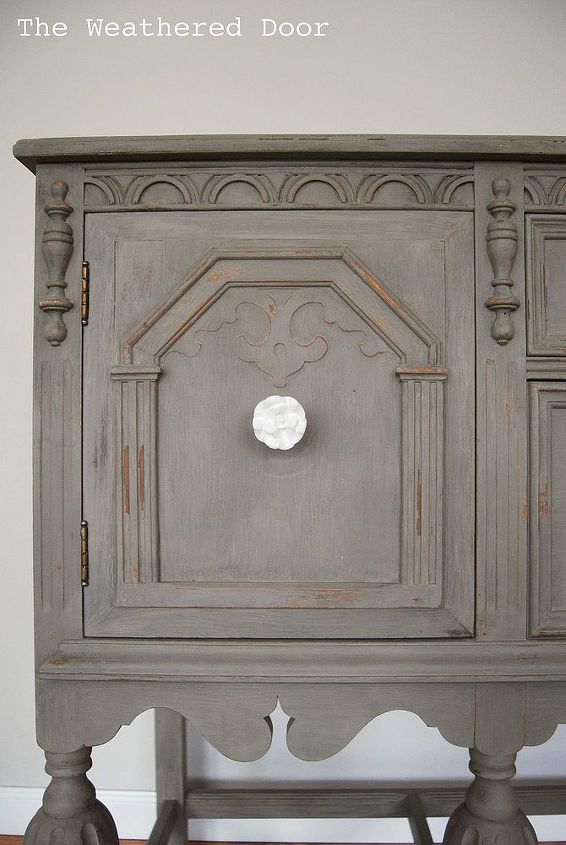 a driftwood buffet with white knobs, painted furniture, The Weathered Door A Driftwood Buffet with White Knobs