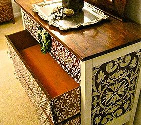 how to stencil wood furniture with chalk paint decorative paint, The finished dresser is raised to a new level with addition of beautiful stenciled patterns