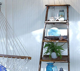 screen porch makeover, home decor, painted furniture, repurposing upcycling, rickety old ladder turned into display shelving