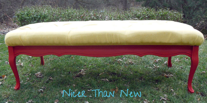 coffee table to tufted bench tutorial, diy, how to, painted furniture, reupholster, I love the red and yellow combo