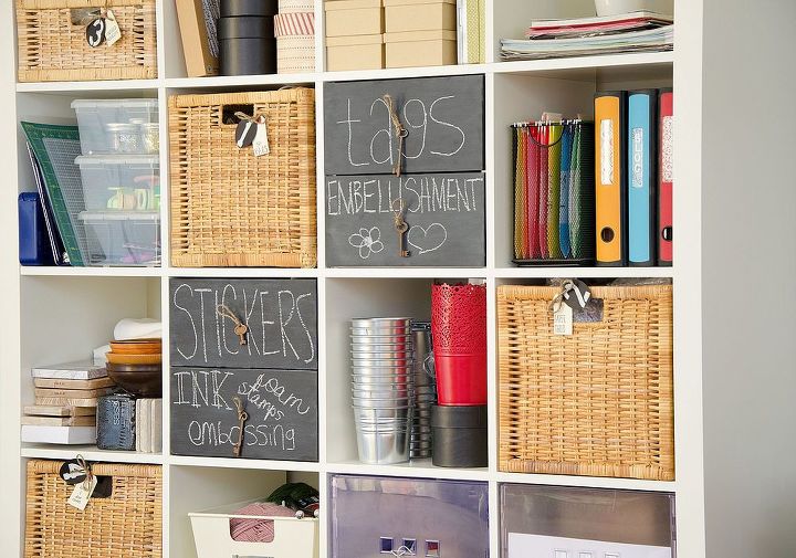 pottery barn inspired expedit craft storage, craft rooms, storage ideas, Chalkboard painted drawer fronts for fun and interchangeable labeling of contents
