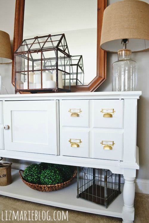 diy card catalog entryway table, diy, foyer, painted furniture, The hardware adds a special pop to the white piece