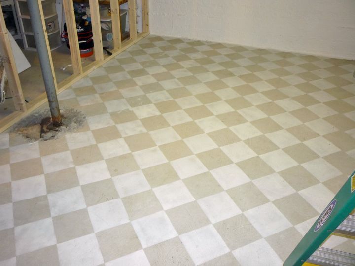 checkerboard painted concrete basement floor in new craft room i m building, basement ideas, concrete masonry, painting, Painted concrete floor