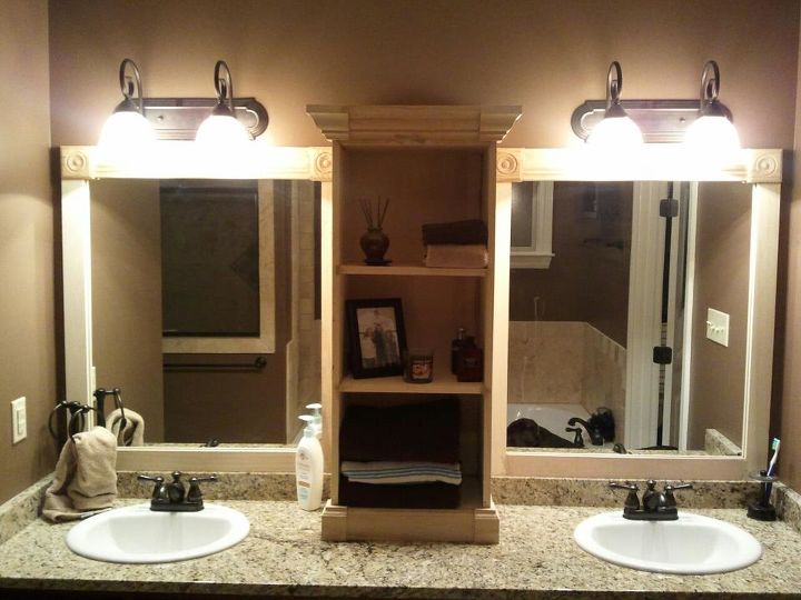 i used this idea and revamped my large bathroom mirror this weekend here are my, bathroom ideas, woodworking projects, This is my completed picture without stain 163 00 in all and so far about 6 hours with myself and my brother both novices in carpentry