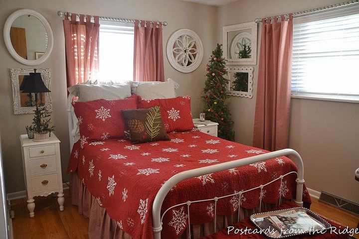 holiday tour of our guest bedroom, bedroom ideas, christmas decorations, painted furniture, seasonal holiday decor, We ve had this antique iron bed for 20 years It recently got a fresh coat of white spray paint We added a new quilt and shams for the holiday
