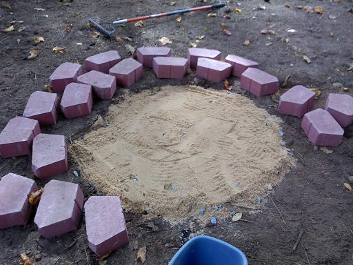 brick backyard firepit, covered top with more sand