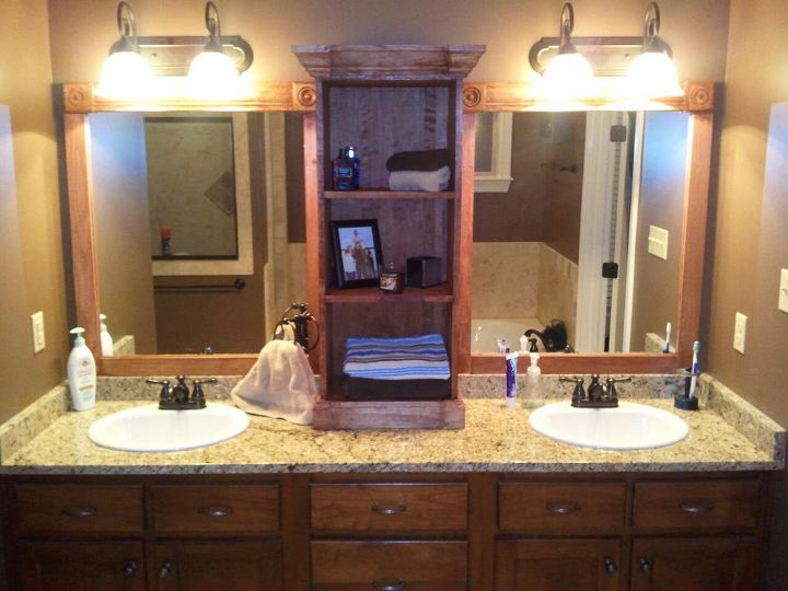 i used this idea and revamped my large bathroom mirror this weekend here are my, bathroom ideas, woodworking projects, First coat of stain