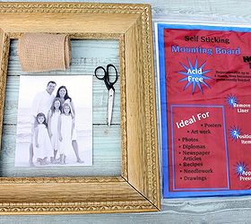 how to make a burlap mat for a picture, crafts, home decor, Supplies Antique Frame Wide Burlap Ribbon Scissors Picture to Frame Self Sticking Mounting Board