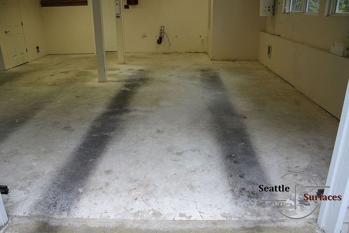 solid color epoxy garage floor, concrete masonry, flooring, garages, A Ugly Discolored Garage Slab Before Coating