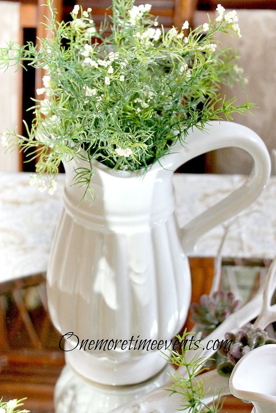 spring table centerpiece with a frosted winter touch, home decor, seasonal holiday decor, Large Pitcher filled with greenery