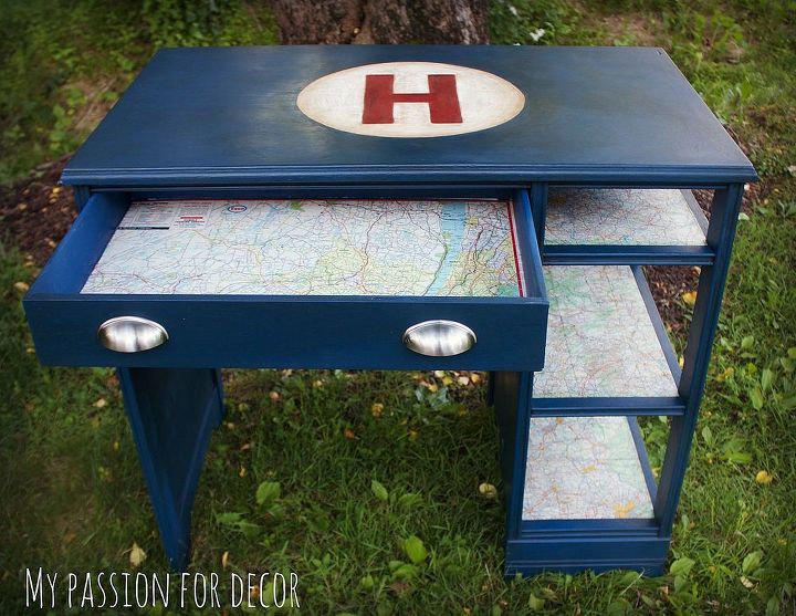 vintage gas station map desk, chalk paint, painted furniture, The shelves and drawer are decoupaged with vintage gas station maps