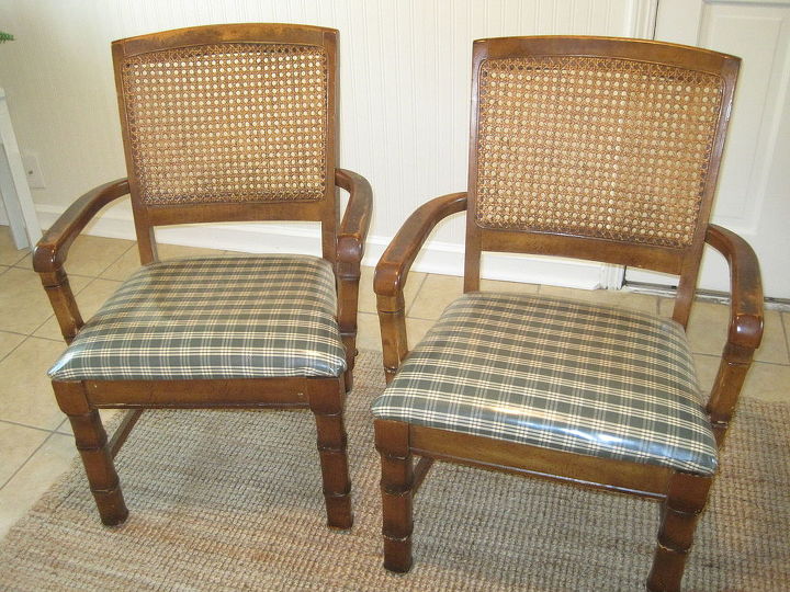 before and after thrift store chairs get a makeover, home decor, living room ideas, painted furniture, Outdated cain chairs dirty and scratched up with plastic seat covers that grandma used to have Ready for the thrift store