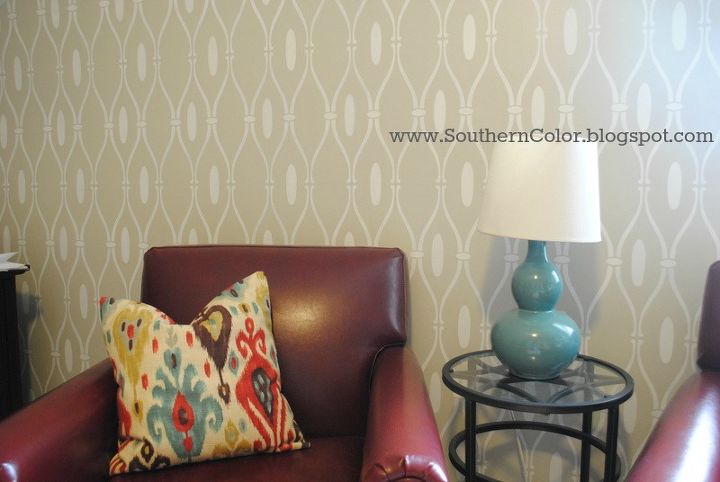 office makeover stencil wall custom bookshelves, craft rooms, home decor, home office, shelving ideas, Office Makeover at Southern Color
