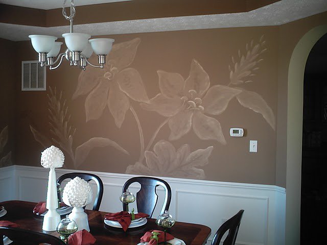 decorative wall treatments, home decor, painting, wall decor, Overscaled damask pattern I painted in a dining room in Indianapolis for Beazer Homes