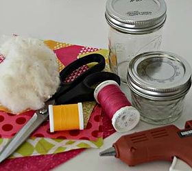 mason jar pin cushion, crafts, mason jars, Here s what you ll need 1 Canning Jar any size works 6 X 6 Fabric Scrap Batting Needle and Thread Hot Glue Gun Piece of cardboard or felt Scissors