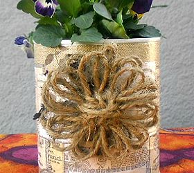 pretty plant pots decoupaged embellished, crafts, decoupage, One of the two cans which I decoupaged using paper serviettes I made the jute flower in a few minutes using a small loom