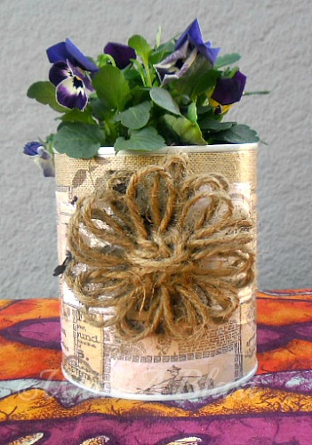 pretty plant pots decoupaged embellished, crafts, decoupage, One of the two cans which I decoupaged using paper serviettes I made the jute flower in a few minutes using a small loom