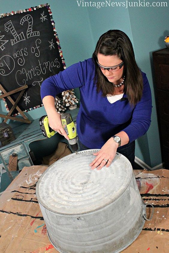 how to make a tree skirt out of a galvanized tub, repurposing upcycling, seasonal holiday d cor, Drill holes in the bottom of your bucket or tub